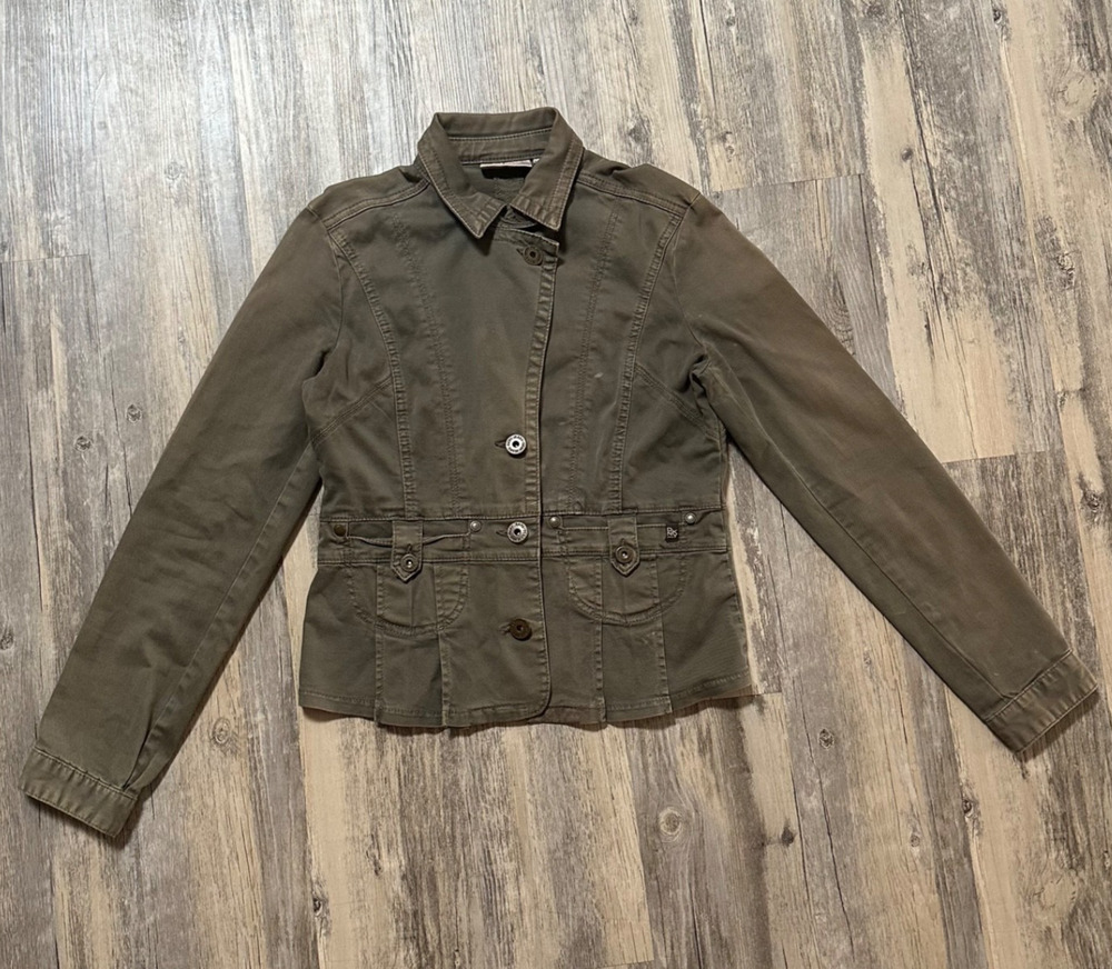 DKNY Women’s Army Green Denim Moto Jacket Size S Preppy Business Casual